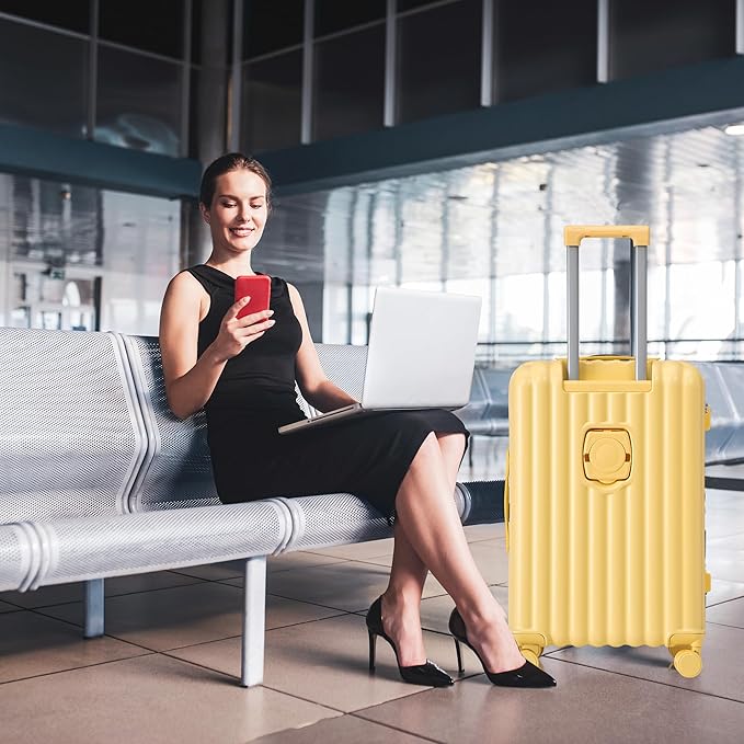 Luggage Set,3 Piece Suitcase with Spinner Wheels, Suitcase with Lock Cup Holder Phone Holder,Carry On Luggage Easy Travel for Men and Women,Yellow