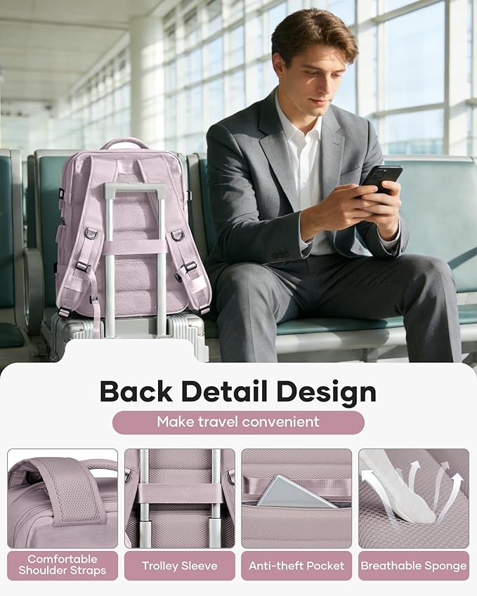 VECAVE Vacuum Backpack Travel with Pump, Expandable Personal Item Carry on Backpacks for Women Men, Laptop Waterproof Work Compression bags with USB Casual Daypack Pink