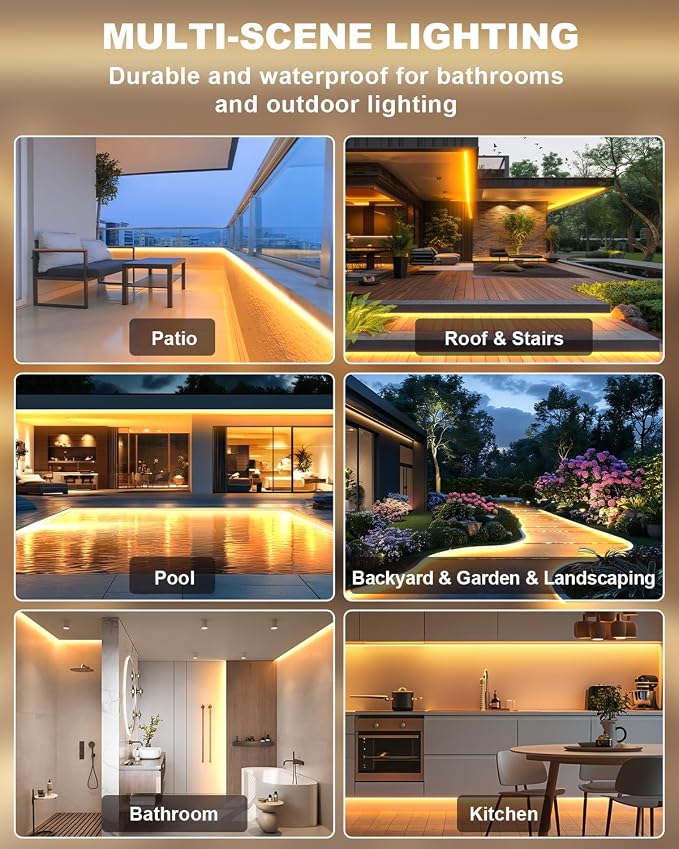 21FT COB Led Outdoor Strip Lights Waterproof IP68 | 24V 2700K Warm White Outdoor Led Strip with APP and Remote Control, Suitable for Eaves, Garden, Pool, Terrace, Bathroom