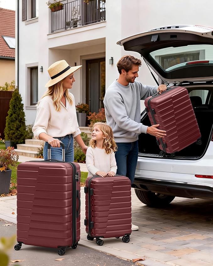 Coolife Luggage Sets, 3 Piece Hard Shell Suitcase Set with Spinner Wheels, Expandable Large Checked Luggage, Lightweight Rolling Carry On with TSA Lock Wine Red