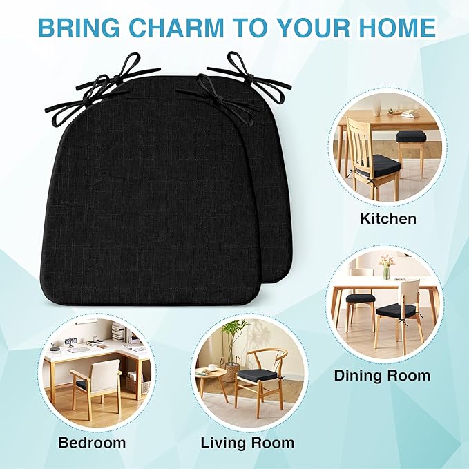 Chair Cushions for Dining Chairs Set of 2, Non Slip Kitchen Chair Pads, 17" x 16" x 2", Indoor Dining Chair Cushions with Ties, D-Shaped Seat Cushions for Kitchen Chairs, Black