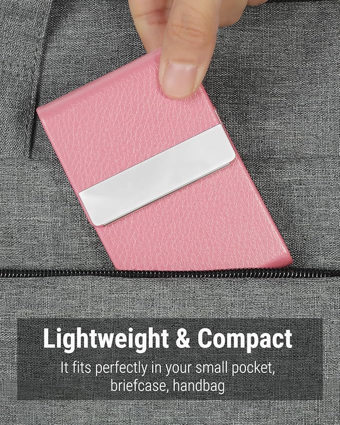 MaxGear Business Card Holder, PU Leather & Stainless Steel Business Card Case for Men or Women, Slim Name Cards Holder RFID Blocking Credit Cards Carrier with Magnetic Closure, Pink