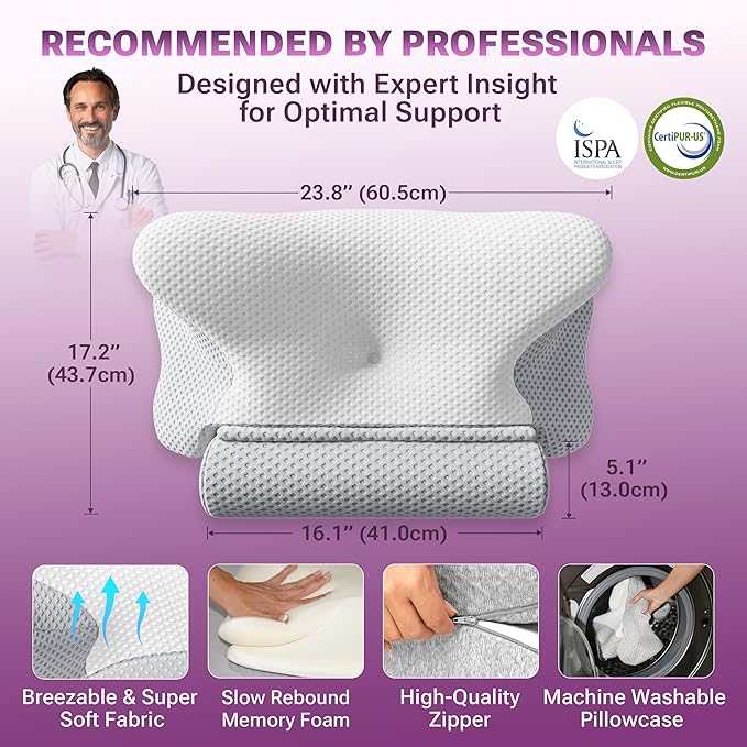 3-in-1 Orthopedic Pillow, Cervical Neck Pillow for Sleeping, Adjustable Height Memory Foam Neck Pillow and Detachable Roll, Contour Pillow for Neck Pain Relief for All Sleeping Positions (White)