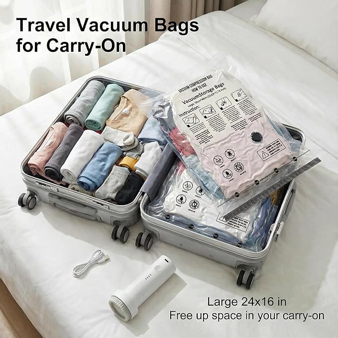 Vacuum Seal Bags for Clothing: 9 Pack Small Travel Vacuum Bags for Luggage with Rechargeable Electric Pump - Space Saver for Carry-On Packing