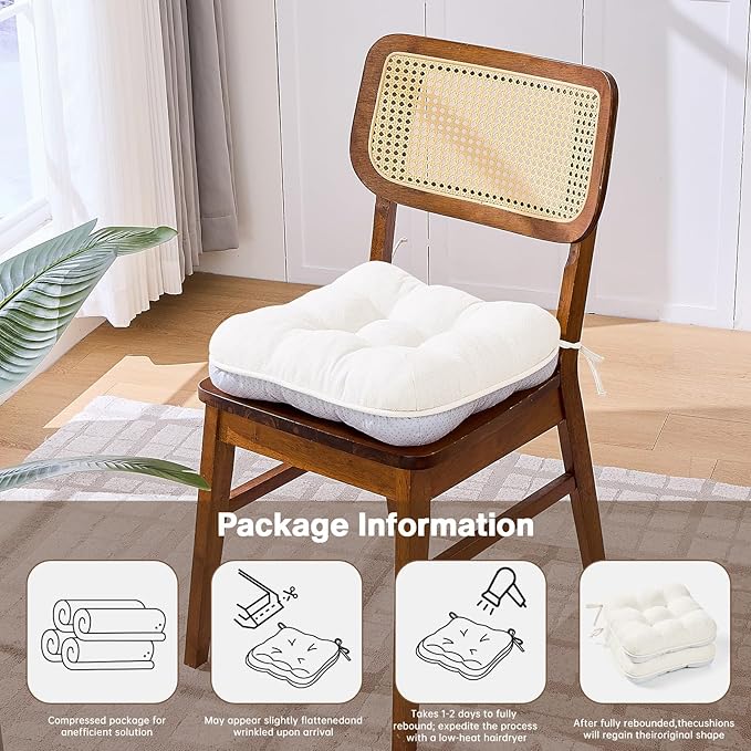 BETU White Chair Cushions for Dining Chairs Set of 4,3.5" Thick Kitchen Table Chair Pads with Ties,Non Slip Backing and Covers, Seat Cushion for Dining Room,Bar,Patio Chairs,16"X16"X3.5",White