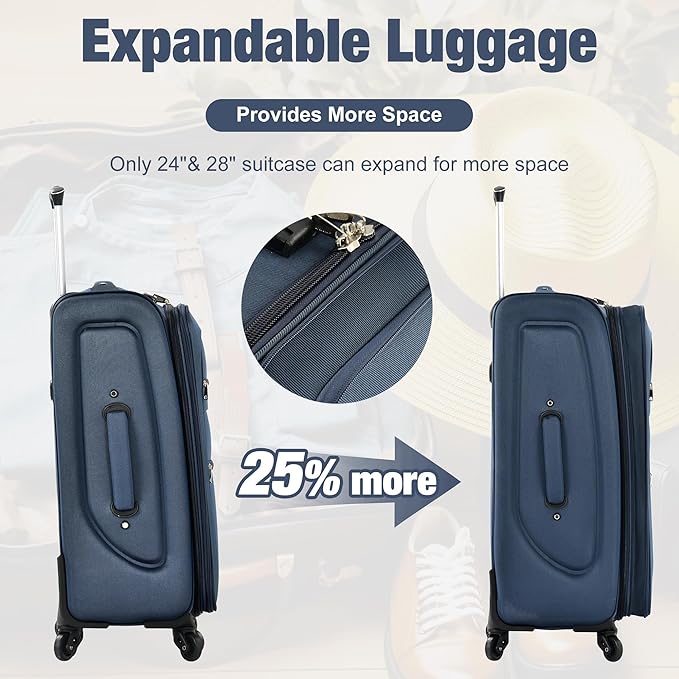 Softside Luggage 3-Piece Set with Duffel Bag, Lightweight Suitcases with Spinner Wheels, TSA Lock & Expandable for Travel, Business Trips, Durable Softshell Travel Luggage Set (Dark Blue)