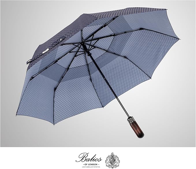 Balios Travel Folding Umbrella with Real Wood Handle Auto Open Close Vented Windproof Canopy - Designed in UK