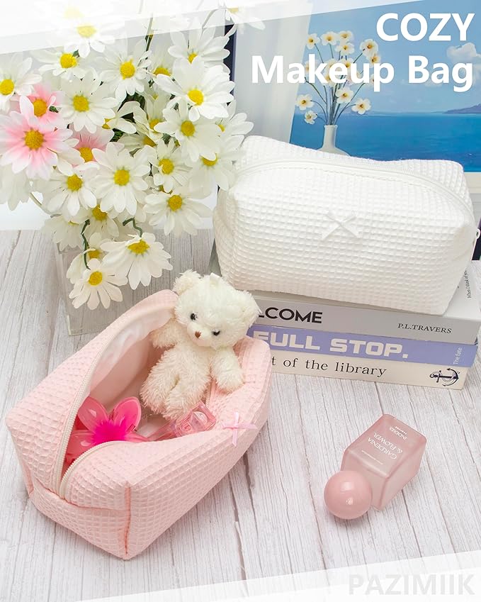 PAZIMIIK 2PCS Cozy Makeup Bag Travel Cosmetic Bag for Women Soft Toiletry Bag Aesthetic Makeup Organizer Portable Large Zipper Pouch for Skincare Beauty Accessories Brushes Waffle Check Light Pink
