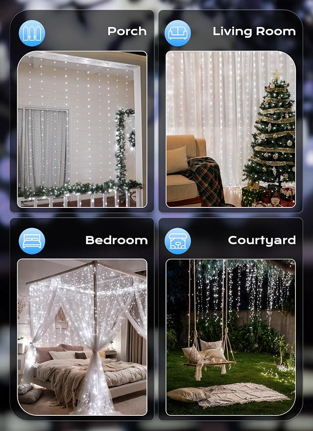 Brightown 300 LED White Fairy Curtain Lights, 9.8ft x 9.8ft String Lights | Winter Wonderland Decorations USB Plug in 8 Lighting Modes Christmas Hanging Lights with Remote for Bedroom Indoor Outdoor