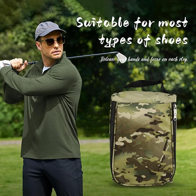 Golf Shoe Bag, Outdoor Zipper Sports Shoe Strap Bag with Air Mesh Ventilation, Durable Waterproof Golf Shoe Carry Bags with Sturdy Handle for Gym, Soccer, Running & Suitcase Packing(Green Camouflage)