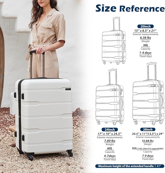 Coolife Luggage Set 3 Piece Hardside PC+ABS Suitcase with TSA Lock, Expandable Large Checked Luggage, Lightweight Rolling Carry On with Spinner Wheels(20/24/28 Inch, White)