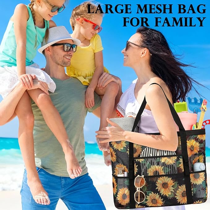 Fammart Mesh Beach Bag, Large Beach Tote with Zipper Pocket, Toys Pool Bag for Family Travel Vacation Cruise Essentials