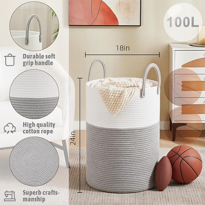 Laundry Basket,Woven Cotton Rope Laundry Hamper,100L for Decorative Storage of Dirty Clothes,Toys and Blankets in Bathroom,Baby Room and Living Room