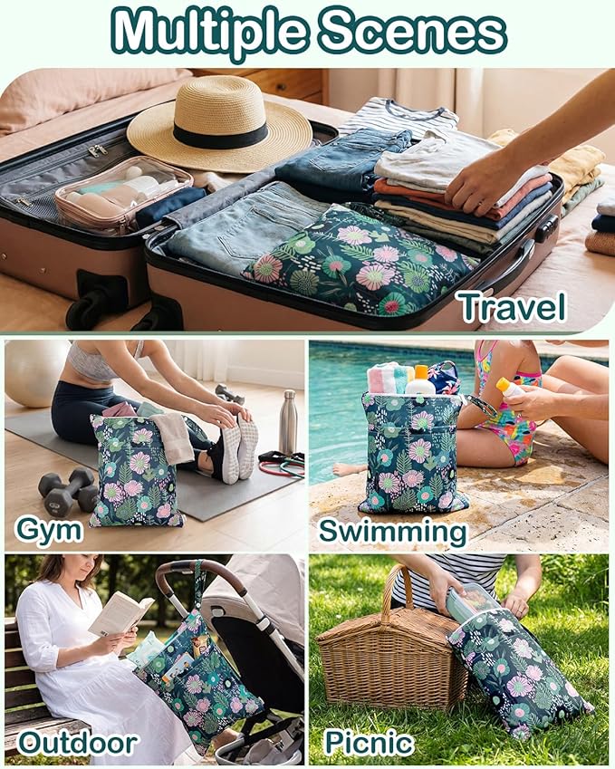 babygoal Floral Wet Dry Bags 3 Pack, Waterproof Travel Bags for Swimsuits, Beach, Pool, Gym,Food Storage and Wet Clothes,3LN45-B