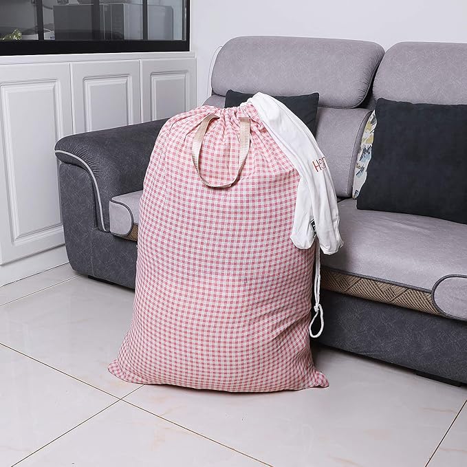 Extra Large Laundry Bag with Drawstring and Handle, Heavy Duty Travel Dirty Clothes Bag for Laundromat and Household, Durable Rip-Stop Laundry Hamper Liner, 28 x 40 Inch, Check Pink