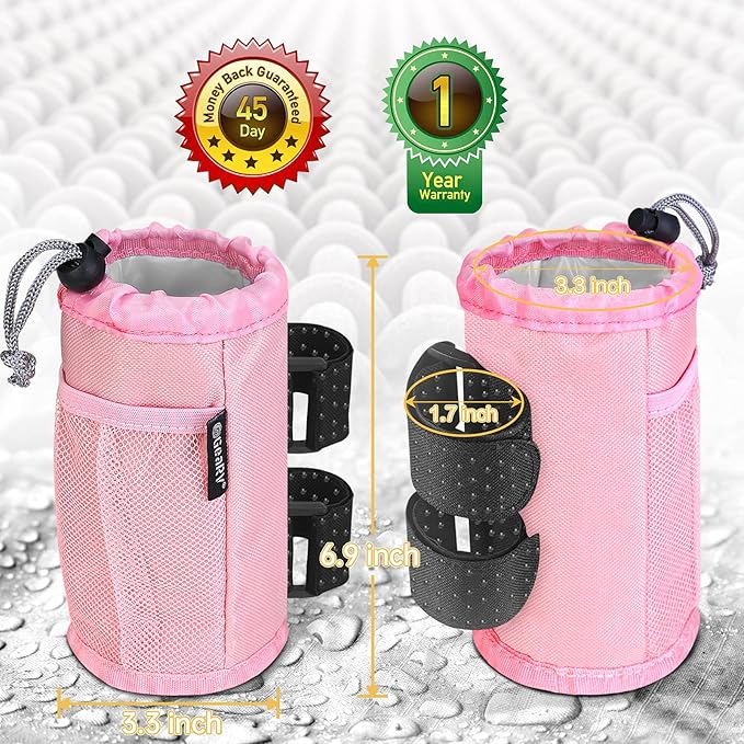 GEARV 2Pack Cup Holder for Bike, Scooter and Wheelchair, Water Bottle Holder for UTV/ATV, Walker, Golf Cart and Beach, Universal Drink Holder Accessories with Net Pocket and Cord Lock (Pink)