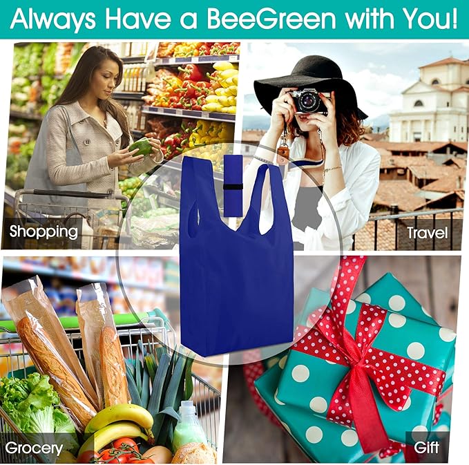 BeeGreen Reusable Shopping Bags with Handles - 12 Pack Foldable Polyester Tote Bags Bulk with Zipper Pouch, Travel Tote Cloth Bag for Women Holiday Beach, Washable Reusable Gift Bag for Groceries