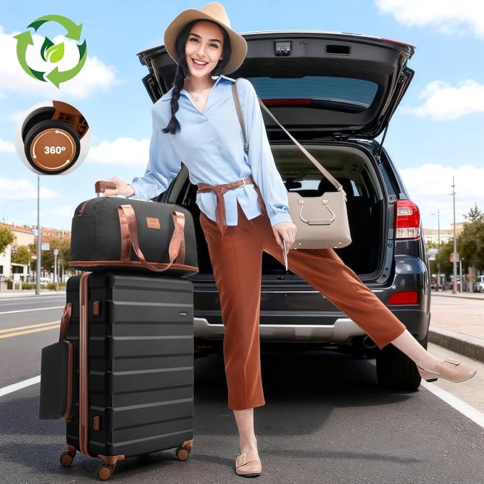 Hoteel Luggage Sets 3 Piece, 4-Year Warranty, Carry-On Luggage with Dual-Spinner Wheels, ABS Hard Shell Suitcase with TSA Locks, 20 Inch Lightweight Luggages for Travel, Black(20IN/DB/TB)