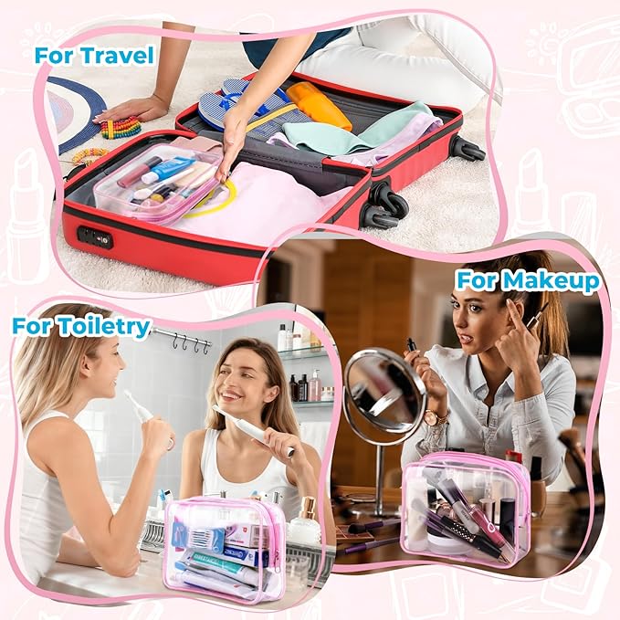 6 Pieces Clear Makeup Bags Bulk TSA Approved Toiletry Bag for Travel PVC Waterproof Clear Cosmetic Pouch with Zipper for Men and Women Carry-on Travel Essentials (Pink)