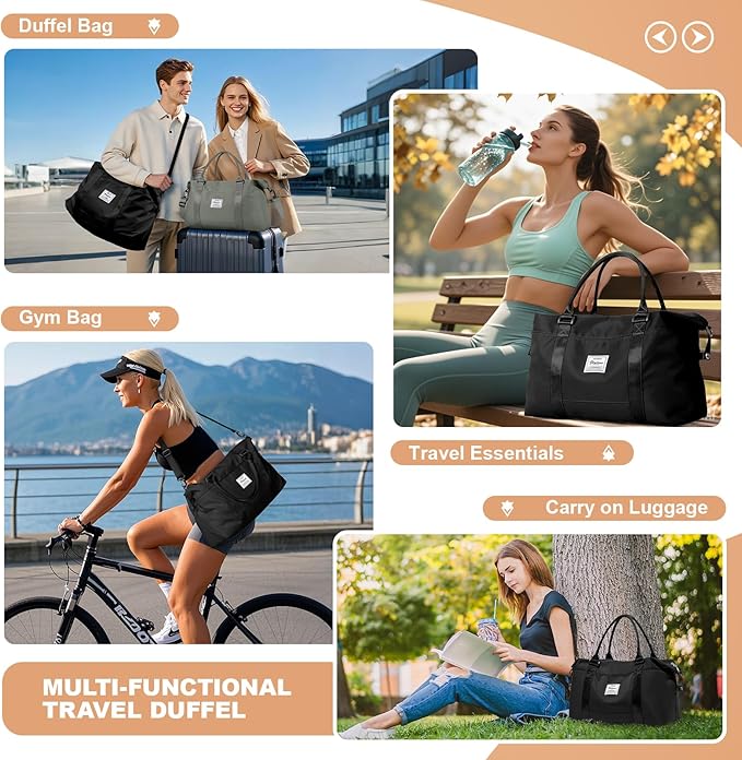 Travel Duffel Bag, Sports Tote Gym Bag, Shoulder Weekender Overnight Bag for Women