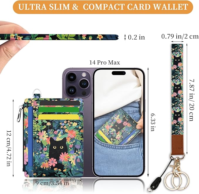 Hancynir Flower Black Cat Floral Slim Wallet Women Credit Card Holder Small Cute RFID Blocking Front Pocket Wallet Wristlet Keychain Lanyard Card Case Thin Travel Zipper Coin PU Leather Ladies Gifts