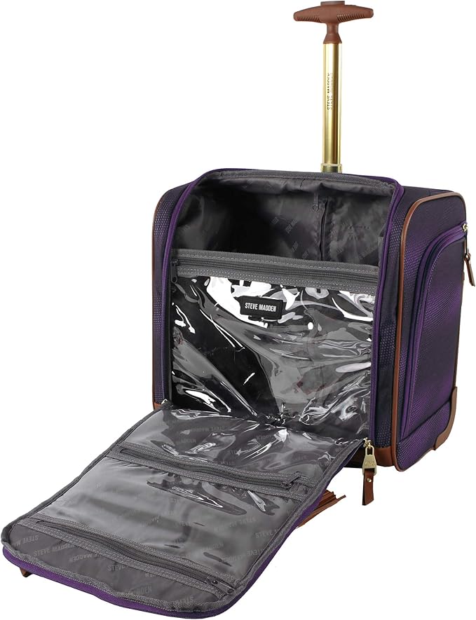 Steve Madden Designer Luggage Collection - 3 Piece Softside Expandable Lightweight Spinner Suitcase Set - Travel Set Includes an Under Seat Bag, 20-Inch Carry on and 28-Inch Checked Suitcase, Shadow