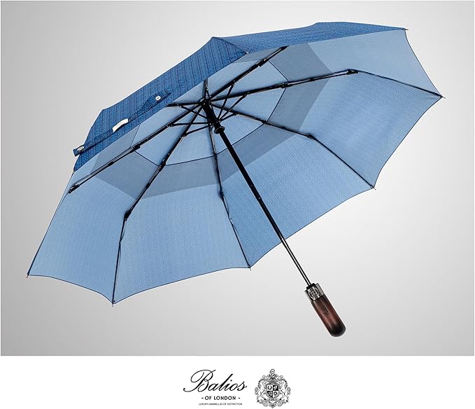 Balios Travel Folding Umbrella with Real Wood Handle Auto Open Close Vented Windproof Canopy - Designed in UK