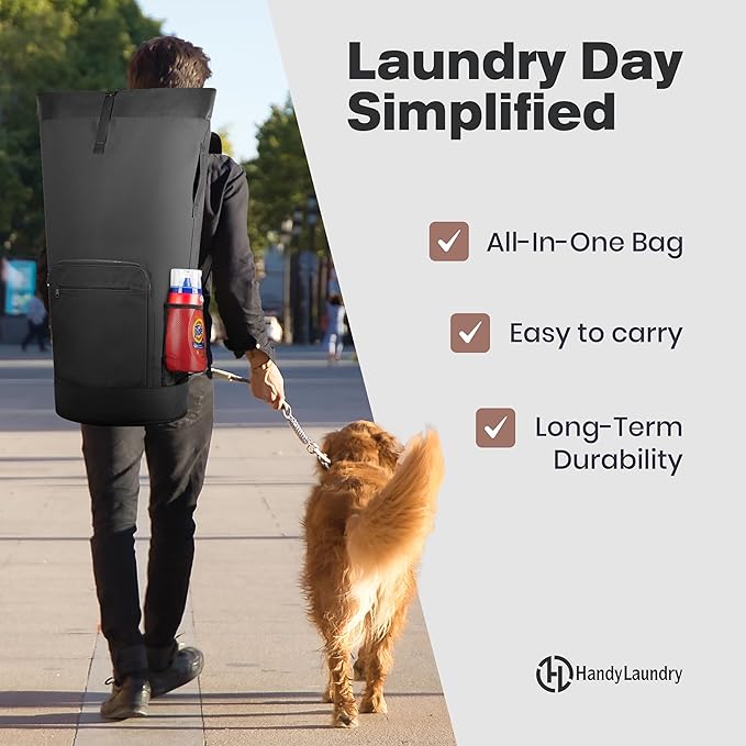 Laundry Backpack - XL Heavy Duty Laundry Bag Holds 3-4 Loads - Adjustable Straps, Drawstring Closure, Pockets & Handles - Durable Hamper for College, Travel & Laundromat - Black