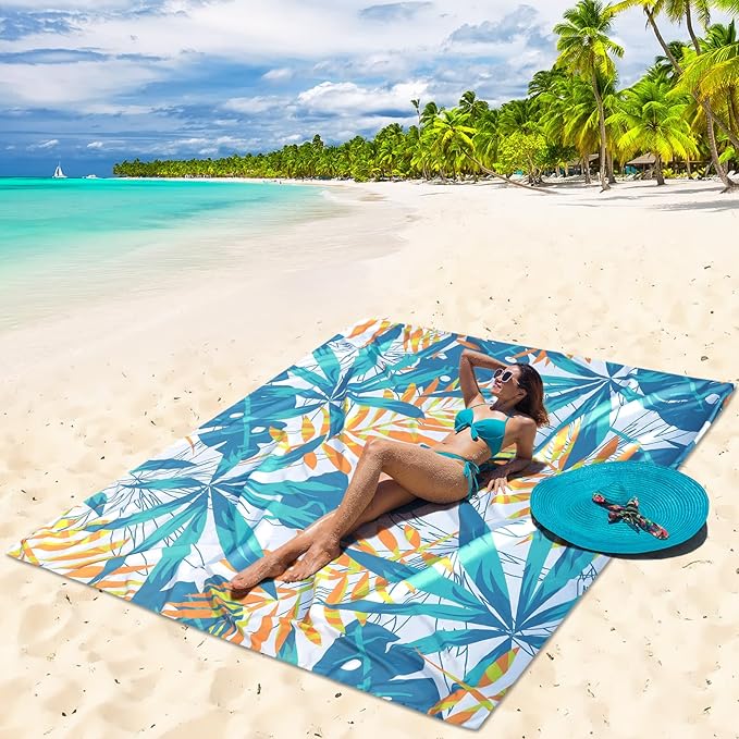 Beach Blanket Sandproof Extra Large Beach Mat Adults Waterproof Quick Drying Sand Free Mat Made by Premium Polyester with 4 Stakes & 4 Corner Pockets for Outdoor Travel Camping Hiking Yellow