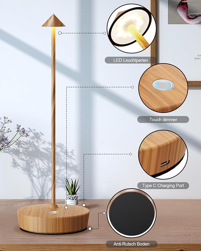 Cordless Table Lamp Rechargeable 6000mAh Battery Outdoor LED Light | Outdoor Waterproof Portable 3 Color Touch Dimmable Table Light for Patio Restaurant Dining Home Set of 2 Wooden