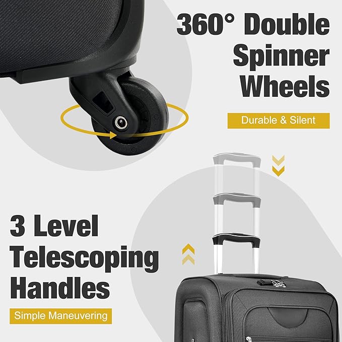 Softside Luggage 3-Piece Set with Duffel Bag, Lightweight Suitcases with Spinner Wheels, TSA Lock & Expandable for Travel, Business Trips, Durable Softshell Travel Luggage Set (Black)