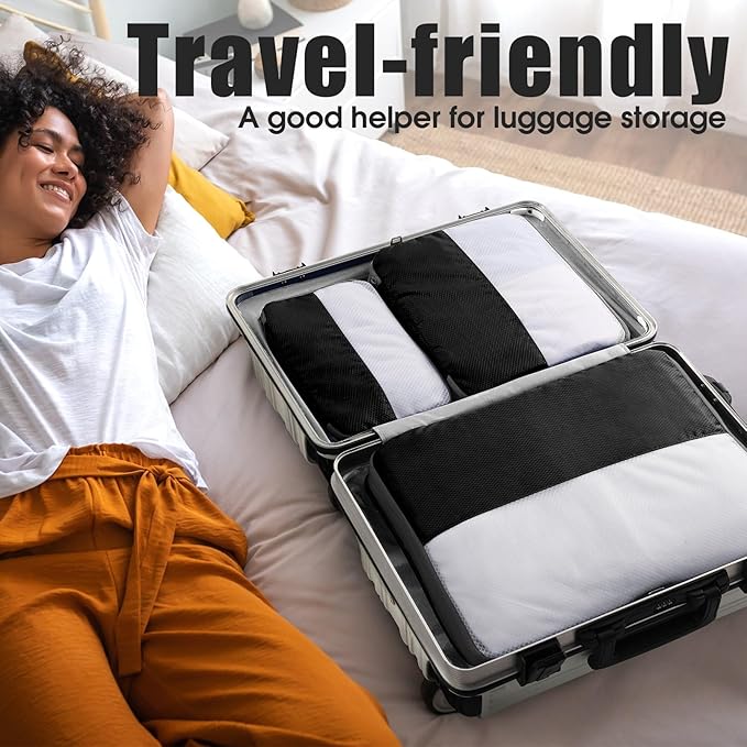 6 Set Compression Packing Cubes for Travel, Lightweight and Space-Saving Luggage Organizer Bags, Sturdy Travel Essentials for Suitcase, Black