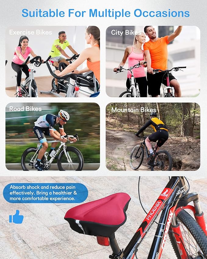 Bike Seat Cushion, Gel Bike Seat Cover, Bicycle Seat Cushion Covers for Women Men Comfort Compatible, Suitable for Outdoor and Indoor (11x10 inch)-Red