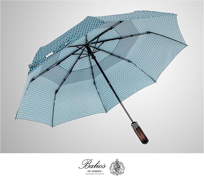 Balios Travel Folding Umbrella with Real Wood Handle Auto Open Close Vented Windproof Canopy - Designed in UK
