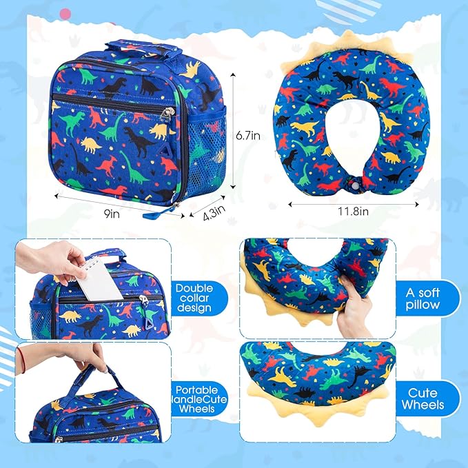Redbaker 17 Inch 6 Pcs Kids Luggage Set Kids Rolling Luggage Double Pattern Suitcase for Boys Girls (Dark Blue, Dinosaur Style)