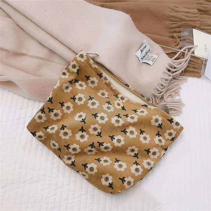 HAPPYHEIDI Women Floral Corduroy Canvas Travel Makeup Bag Cosmetic Pouch Purse Organizer, Khaki