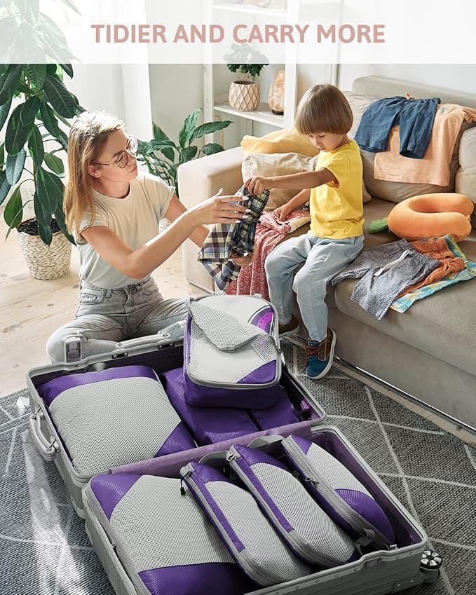 Meowoo 7 Set Compression Packing Cubes for Travel, Durable Ripstop Mesh Suitcase Organizer with Shoe Bag, Ultralight & Expandable Space Saver Travel Cubes