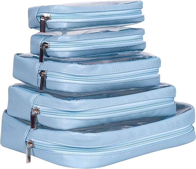 TSA Approved 5-Piece Diaper Bag Organizer Pouch Set Clear Waterproof TPU Kids Toiletry Storage Set Travel Packing Clutch Cube Bags for Baby Nursing (Blue)