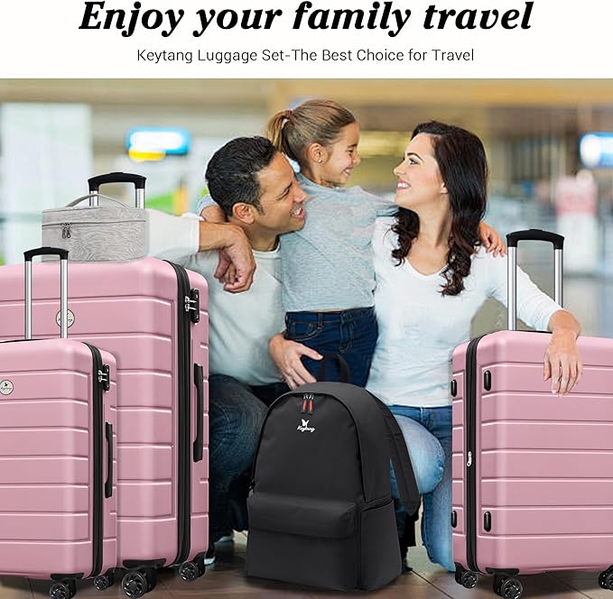 Classic Luggage Sets 5 Piece, Carry-On Luggage with Spinner Wheels, Lightweight Hardside Suitcase Set with TSA Lock,Travel Backpack & Makeup Bag, 20/24/28 inch, Pink