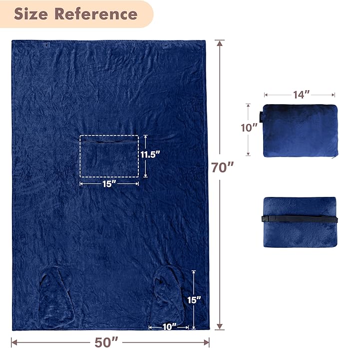 Tirrinia Travel Portable Blanket with Feet Pocket Airplane Office Poncho 4 in 1 Zippered Front Pocket Premium Cozy Fleece Blankets with Built-in Bag