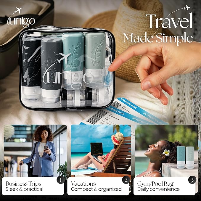 unigo 30 PACK Travel Bottles Set for Toiletries - Leakproof Refillable Travel Size Containers, TSA Approved Bottles with Labels, Brush & Covers for Carry-On Travel