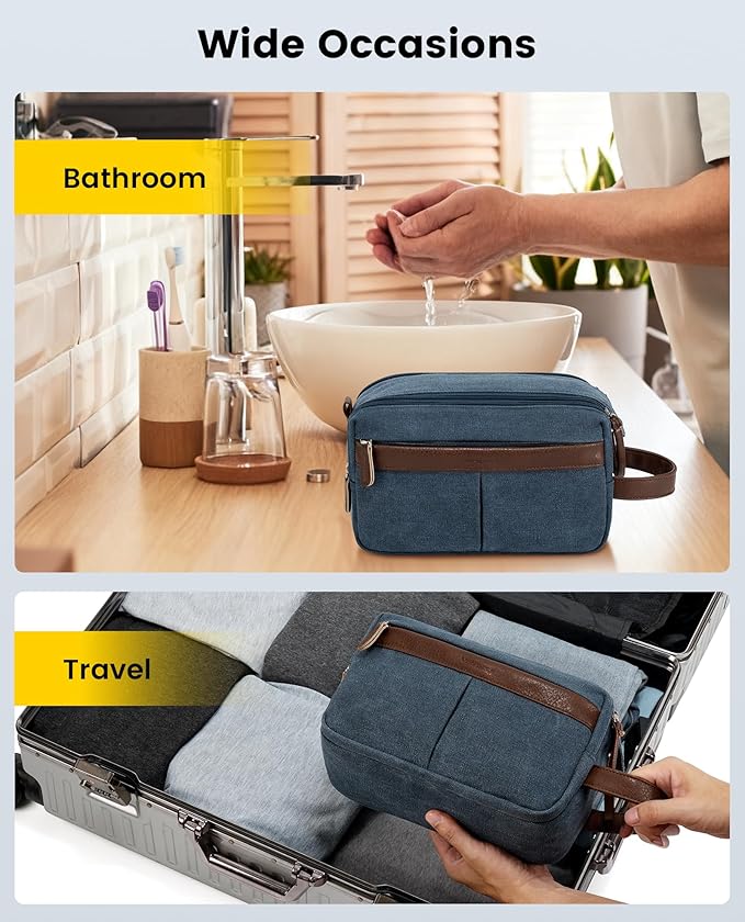 Vorspack Canvas Toiletry Bag for Men - Water Resistant Travel Bag for Toiletries, Bathroom Essentials, Accessories - Navy Blue