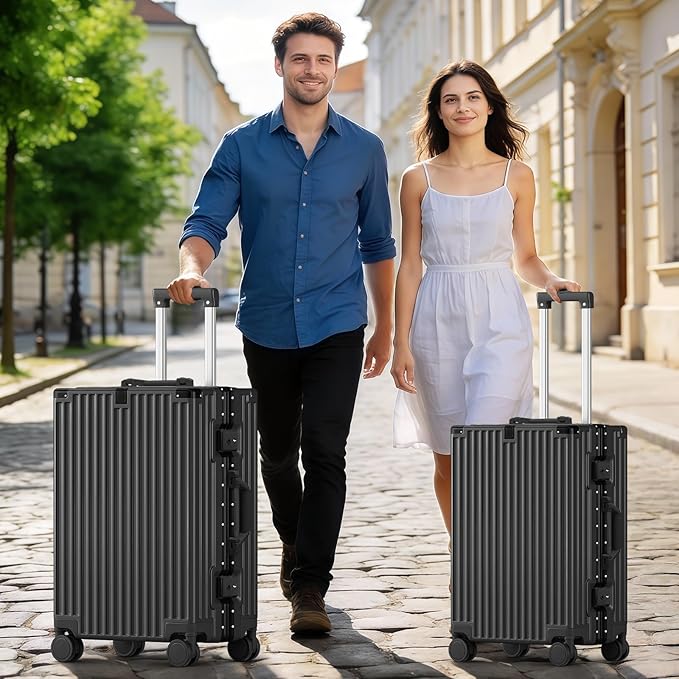 Zipperless Suitcase, 28 Inch Checked Luggage, Hardshell Aluminum Frame Polycarbonate Luggage with Phone Holder, Cup Holder, Charging Port, TSA Lock, Spinner Wheels for Vacations, Black