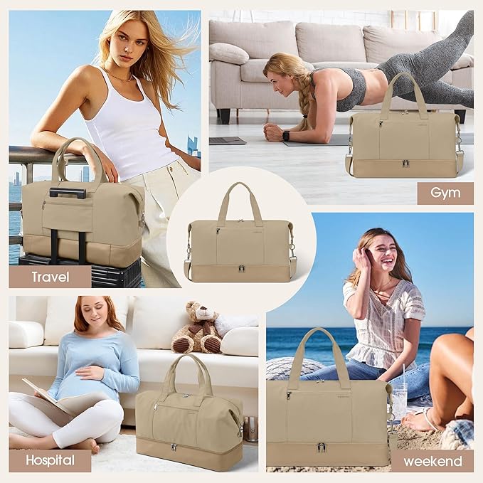 Oeihuivt Weekender Bags for Women - 21 Inch Large Travel Duffel Bag 2-Piece Set with Shoe Compartment, Heavy-Duty Canvas Leather Carry On Overnight Tote