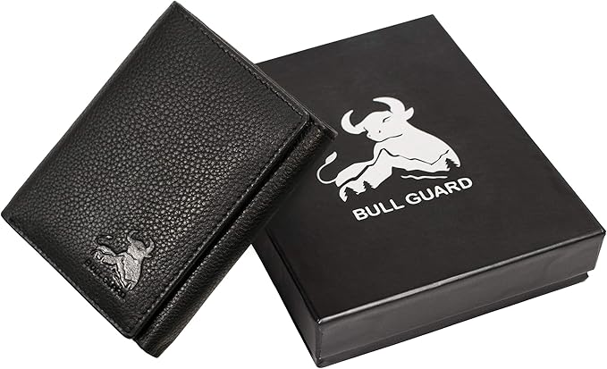BULL GUARD Mens RFID Wallet, Black Top Grain Genuine Leather, ID and Secret Pocket, Trifold for Work, Sport, Outdoors