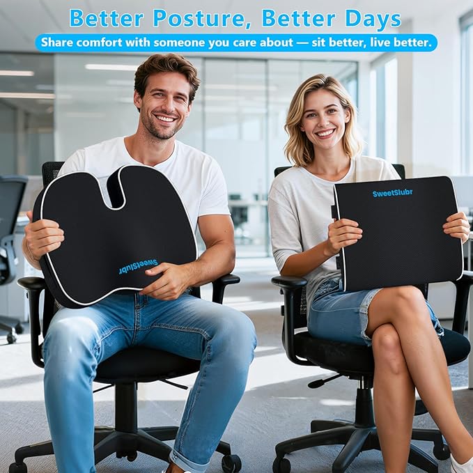 Ergonomic Memory Foam Seat Cushion & Lumbar Support Pillow Set, Orthopedic Coccyx Cushion for Office Chair, Car, Home – Relieves Back, Sciatica & Tailbone Pain, Improves Posture Black/Large