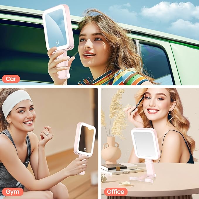 GOMIPURU Magnifying Travel Mirror with Light, 30X/1X Double-Sided Magnifying Mirror with 3 Color Lights, Brightness Adjustable,Foldable Handheld Makeup Mirrors Portable for Travel and Desktop Use,Pink