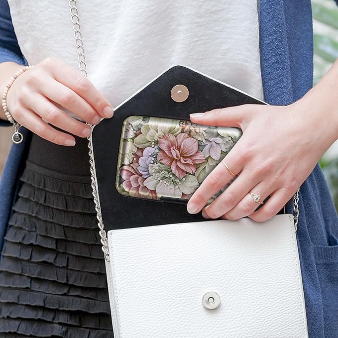 Mayski Credit Card Holder for Women, RFID Blocking, Aluminum Alloy Hard Case, Small Mini Metal Wallet for Women Men, Happy Flower