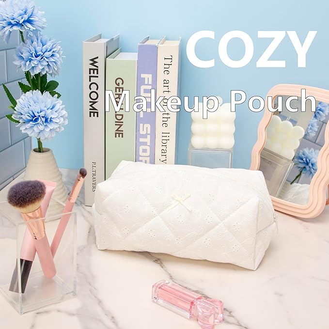 PAZIMIIK 6PCS Cozy Makeup Bag SET Travel Cosmetic Bag for Women Soft Toiletry Bag Aesthetic Makeup Organizer Portable Large Zipper Pouch for Skincare Beauty Accessories Brushes Embroidery White