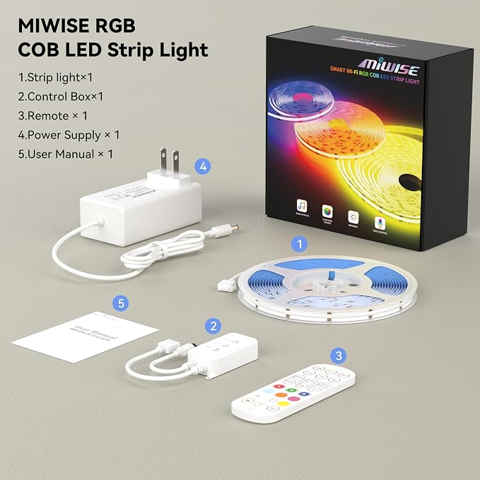 MIWISE RGB COB LED Strip Light 32.8ft/10m,Color Changing Dimmable Super Bright Strip Light 24V,Work with Alexa/Google Assistant/Tuya Multicolor Flexible Tape Light,for TV,Bedroom,Party DIY Decoration